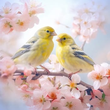 Pair of yellow birds in spring nature. Pastel color style in pink tones - Generative AI
