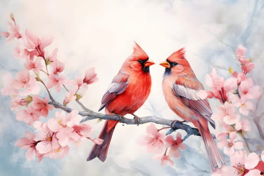 Pair of red birds Northern Cardinals in spring nature. Pastel color style in pink tones - Generative AI