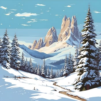 Winter in the mountains of the Italian Dolomites. Cartoon snowy mountain landscape. Generative AI