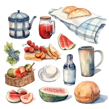 Picnic watercolor set isolated on white background. Generative AI