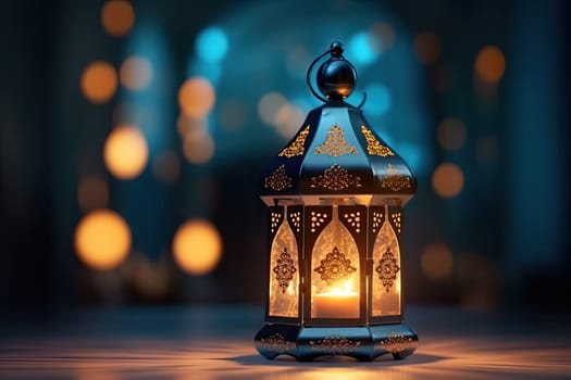 Ornamental Arabic lantern with burning candle glowing at night. Muslim holy month Ramadan Kareem. Generative AI