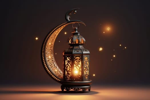 Ornamental Arabic lantern with burning candle glowing at night. Muslim holy month Ramadan Kareem. Generative AI