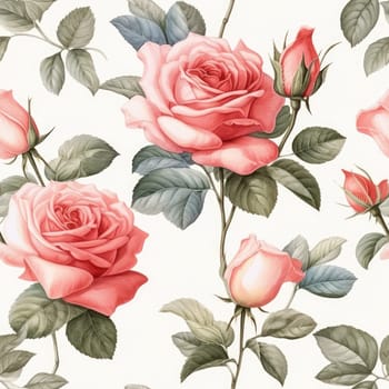 Seamless watercolor pattern with flowers and leaves. Floral pattern for wallpaper or fabric. Flower rose. Generative AI