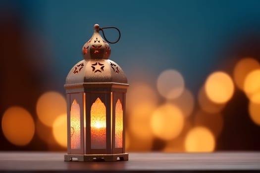Ornamental Arabic lantern with burning candle glowing at night. Muslim holy month Ramadan Kareem. Generative AI