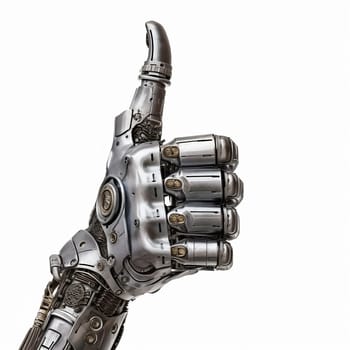A robot hand giving thumbs up isolated on white background - Generative AI