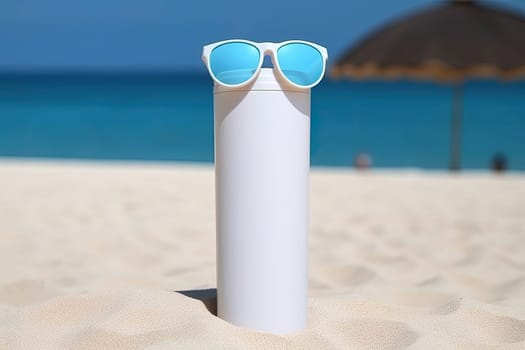 Sunscreen on sandy beach with sunglasses