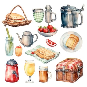 Picnic watercolor set isolated on white background. Generative AI