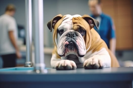 Close up of a beautiful english bulldog at the veterinarian.
