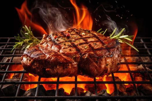 Beef steak with rosemary on the grill with smoke and flames