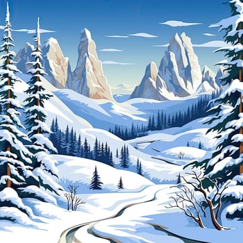Winter in the mountains of the Italian Dolomites. Cartoon snowy mountain landscape. Generative AI