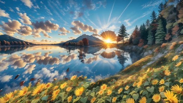 The Beautiful flowers on mountains at sunset - ai generated