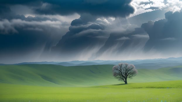 The Green field with a big tree - ai generated
