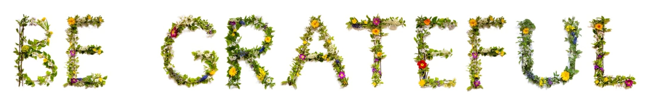 Blooming Flower Letters Building English Word Be Grateful. Colorful Spring and Summer Blossoms. White Isolated Background.