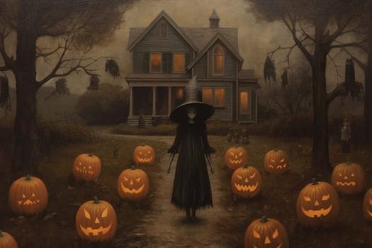 Ghost with pumkins in a mysterious , dark and scary night in autumn, Halloween holiday greeting card, generative AI