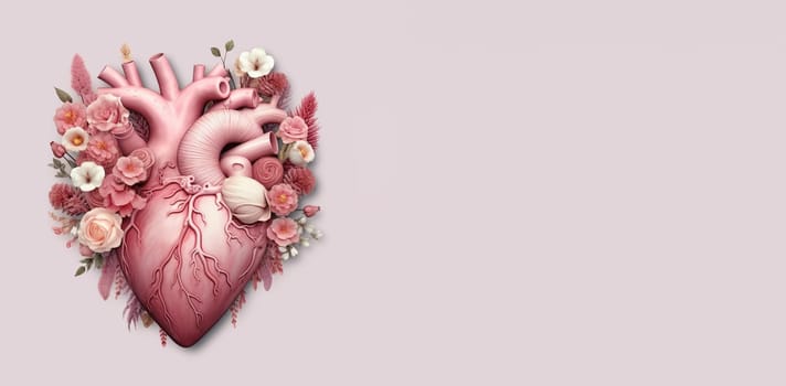 Human heart with flowers, love and emotion concept, good hearted person, help and charity, generative AI