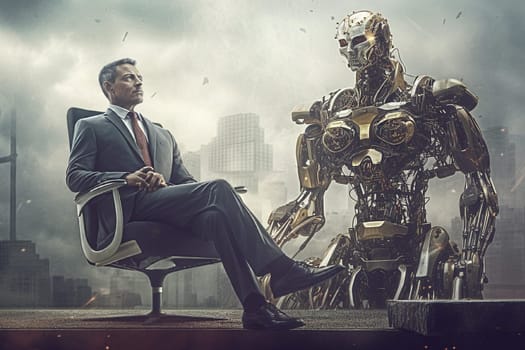 Technology in competition with human resource, businessman manpower against cyborg machine, replacement of worker, generative AI