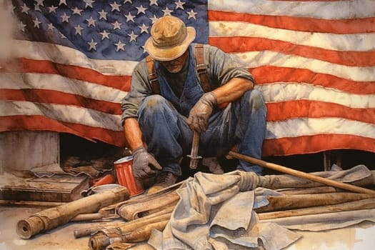 Labour day, men at work, american flag, handyman with tools at work, generative AI