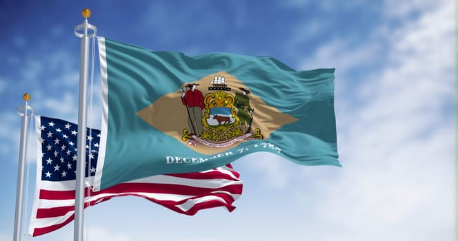 Delaware state flag waving in the wind with the National flag of the United States on a clear day. 3d illustration render. Fluttering fabric