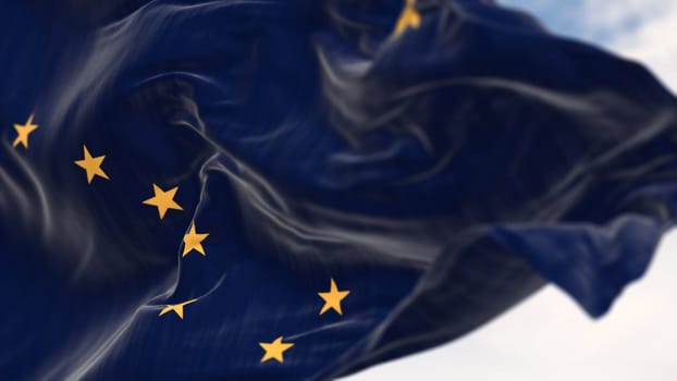 Close-up of the Alaska state flag waving. dark blue background with eight golden stars forming the Big Dipper and Polaris. 3d illustration render. Fluttering fabric