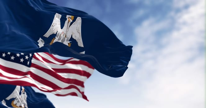 Louisiana state flag waving with the national flag of the United States. 3d illustration render. Fluttering fabric. Selective focus
