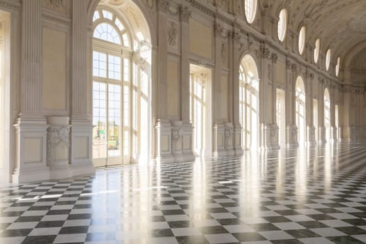 Reggia di Venaria Reale, Italy - October 2022: corridor perspective, luxury marble, gallery and windows - Royal palace