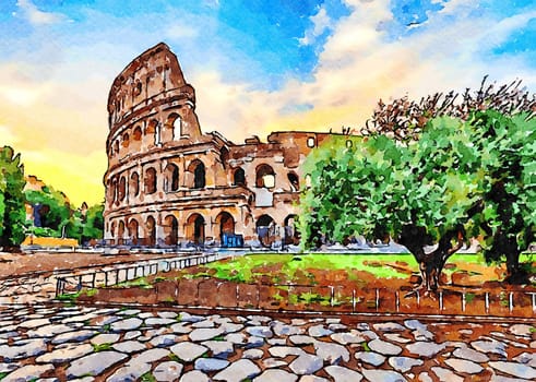 Rome, Italy - Sunset behind the Colosseum - Creative illustration, vintage watercolor design