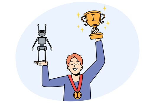 Happy boy child holding robot in hands win prize for best scientific discovery. Smiling kid winner celebrate victory at competition for robotic creation. Vector illustration.