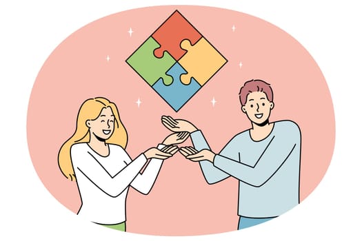 Happy businesspeople showing jigsaw puzzle coming to shared business conclusion or solution. Smiling colleagues solve problem. Teamwork and cooperation. Vector illustration.