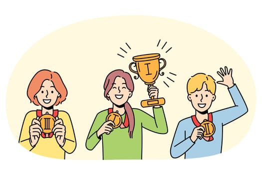 Happy children with medals on school competition on contest. Smiling kids with prizes celebrate win in championship. Vector illustration.