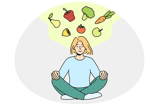 Calm young woman meditating thinking of healthy eating. Happy girl in lotus pose go vegetarian and diet. Eco and organic products. Vector illustration.