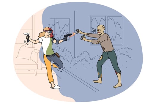 Joyful young woman in VR glasses play zombie game at home. Playful millennial girl in virtual reality headwear have fun enjoy new gaming activity. Vector illustration.