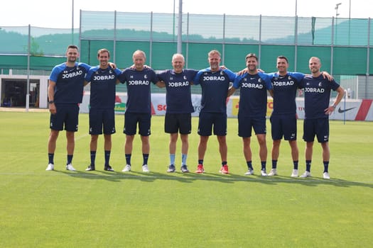The coaching team of SC Freiburg,in the middle of the picture coach Christian Streich (SC Freiburg) at the start of training Bundesliga club SC Freiburg 2023  DFL REGULATIONS PROHIBIT ANY USE OF PHOTOGRAPHS AS IMAGE SEQUENCES AND/OR QUASI-VIDEONann  Photo: Joachim Hahne/johapress