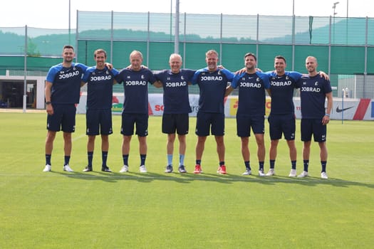 The coaching team of SC Freiburg,in the middle of the picture coach Christian Streich (SC Freiburg) at the start of training Bundesliga club SC Freiburg 2023  DFL REGULATIONS PROHIBIT ANY USE OF PHOTOGRAPHS AS IMAGE SEQUENCES AND/OR QUASI-VIDEONann  Photo: Joachim Hahne/johapress