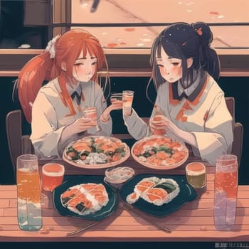 Japanese women eat sushi. Image created by AI
