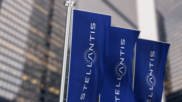 Amsterdam, NL, May 20 2023: Three Blue vertical banners with Stellantis logo waving in the wind. Multinational automotive manufacturing corporation. Illustrative editorial 3d illustration render