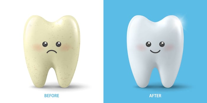 Vector Banner with Realistic Sad and Happy Tooth. Cleaning Concept - Before, After Hygienic Teeth Cleaning. Dentistry Design. Medical, Toothpaste Advertisement. Healthy Oral Hygiene, Teeth Whitening.