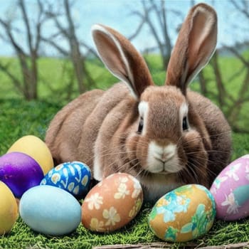 Rabbit with Easter eggs. Image created by AI