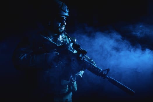 Bearded special forces soldier in the smoke