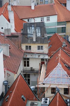 Vertical aerial view of the historic buildings in the Old Town of Prague, Czech Republic