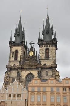 Closeup of the Towers of Tyn Church in Prague, Czech Republic