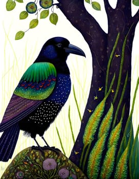 Black crow and tree trunk - Generative AI