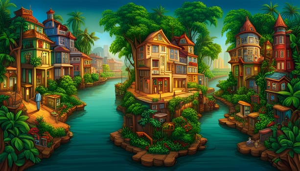 City in the jungle and river by day - Generative AI