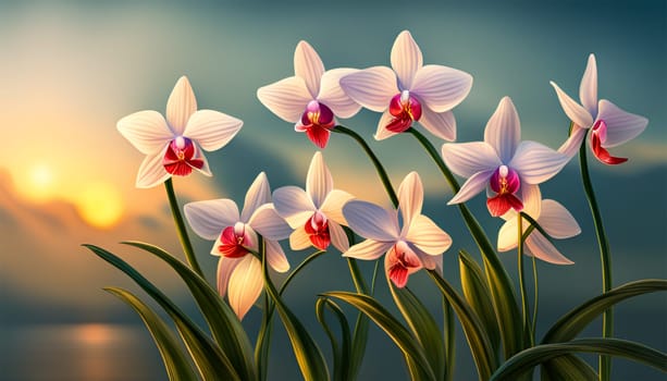 white orchids flowers by sunset - Generative AI