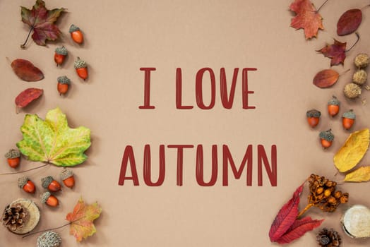 Autumn Background with Autumn Decoration, With Acorns and Fall Leaves and Text I Love Autumn