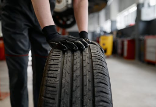 Closeup of mechanic hand wearing gloves rolling tire for replacement at car service. Man vehicle technician working at garage station