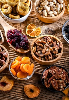 Composition with a variety of dried fruits and assorted nuts. Delicacies.