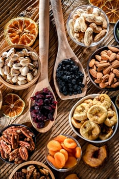 Composition with a variety of dried fruits and assorted nuts. Delicacies.