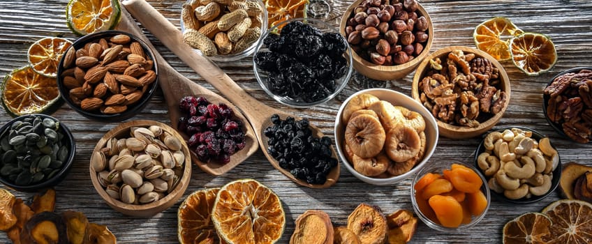 Composition with a variety of dried fruits and assorted nuts. Delicacies.