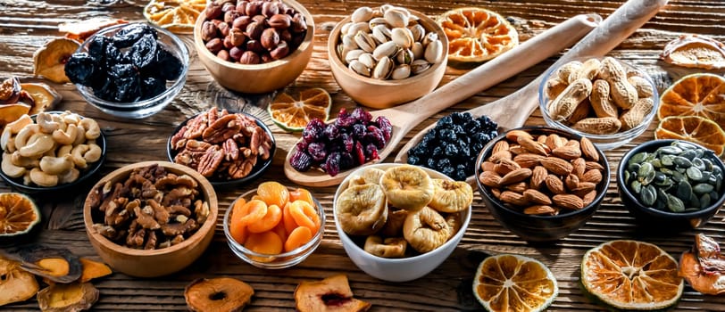 Composition with a variety of dried fruits and assorted nuts. Delicacies.