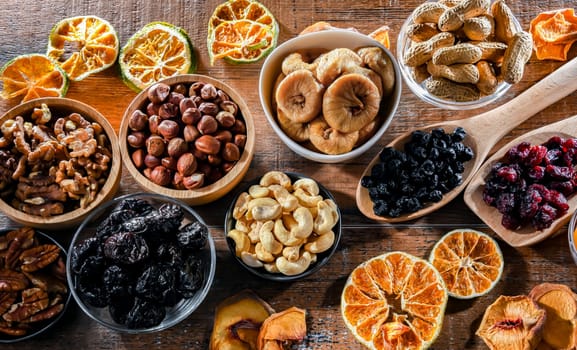 Composition with a variety of dried fruits and assorted nuts. Delicacies.
